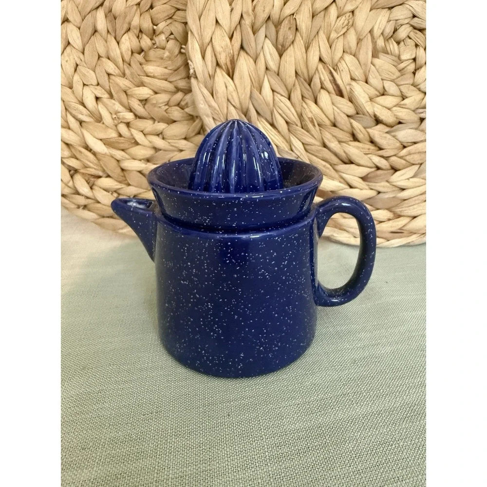 Vintage Rare Blue And White Speckled Ceramic Juicer And Small Pitcher